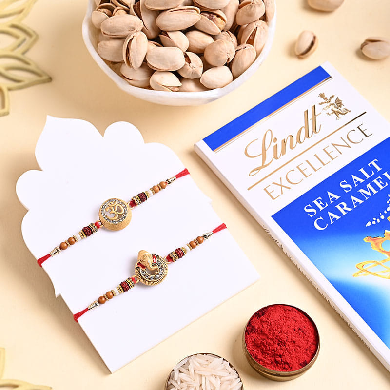 Two Om N Ganesha Rudraksha Rakhis With Treats