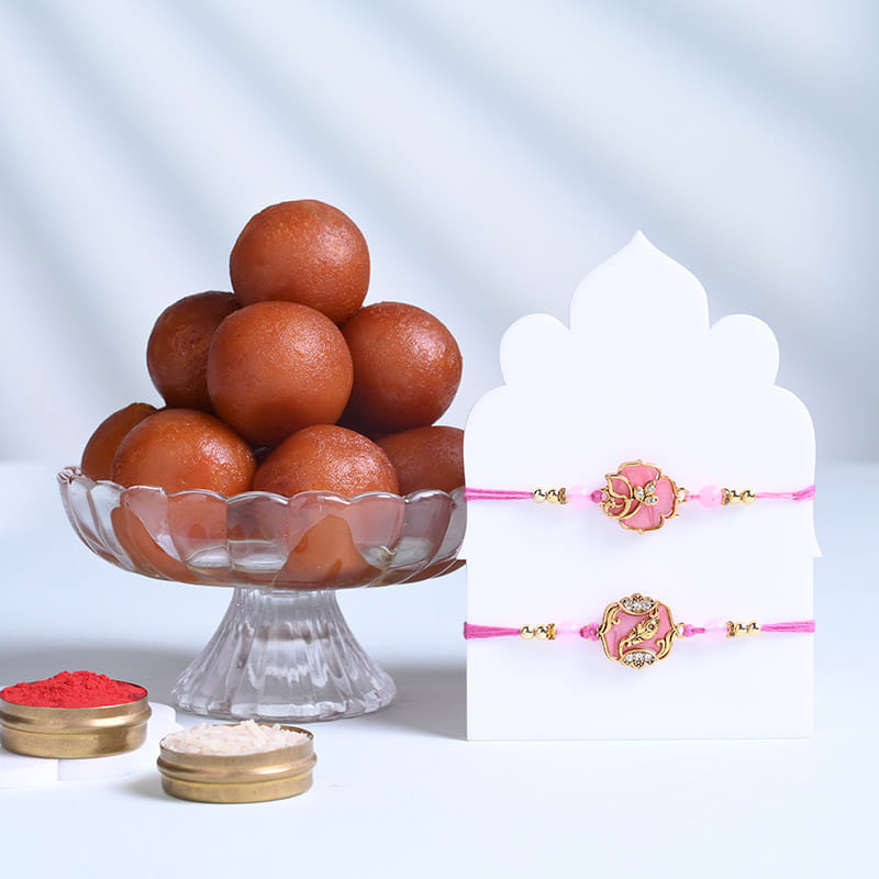 Two Pink Bloom Designer Rakhis With Gulan Jamun