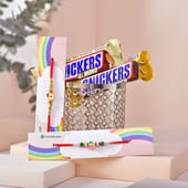Two Quirky Rakhis with Snickers n Metal Container