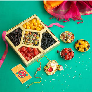 Two Rajputana Rakhis With Dried Fruit Box N Thali