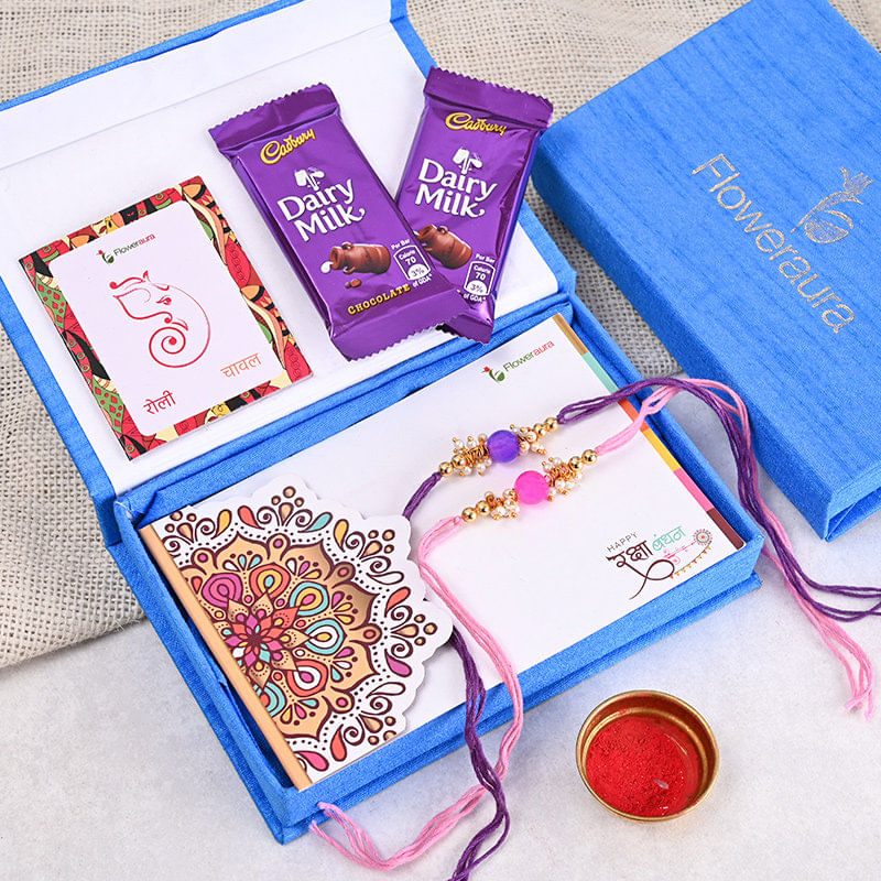 Two Rakhi Premium Box - 2 Designer Rakhi With Floweraura Box