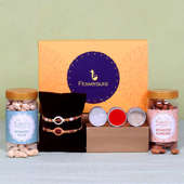 Two Rakhi Signature Box - Set of 2 Designer Rakhis with Complimentary Roli and Chawal and Cashews and Roasted Cashews and One Floweraura Signature Box