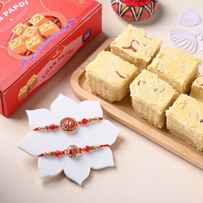 Two Red Designer Rakhi With Soan Papdi-USA