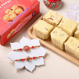 Set of 2 Red Designer Rakhi With Soan Papdi