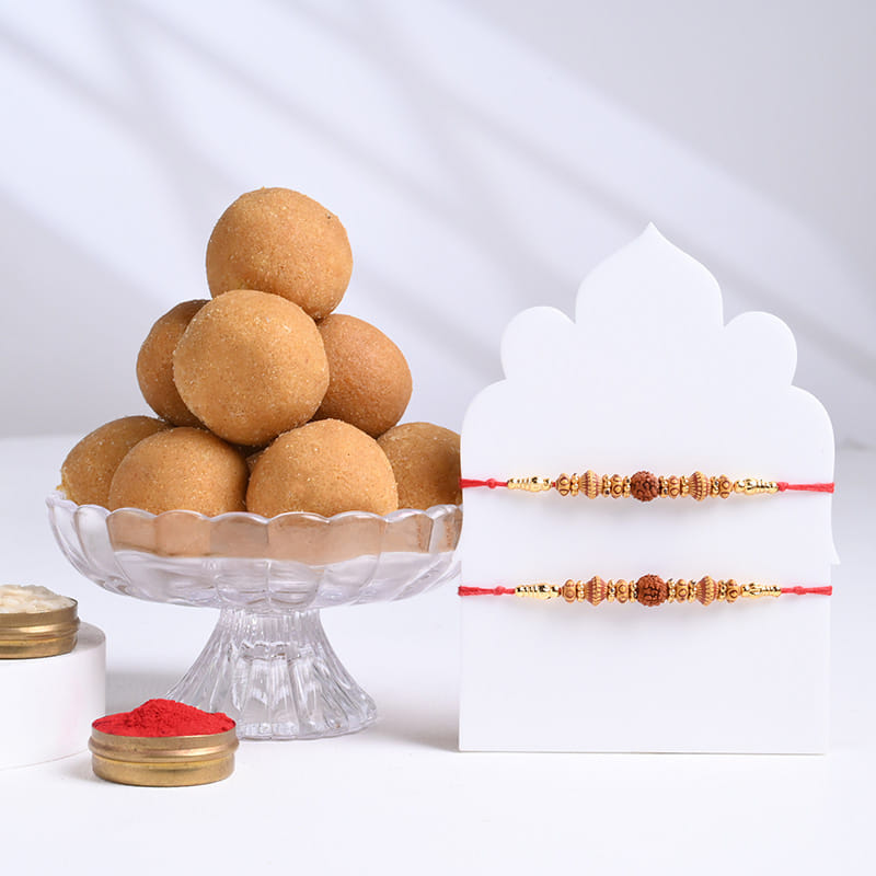 Two Rudraksha and Beaded Rakhis with Besan Ladoos