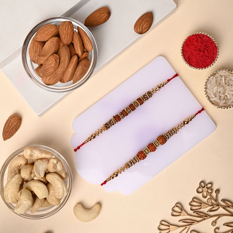 Two Rudraksha Rakhis N Dry Fruits Hamper
