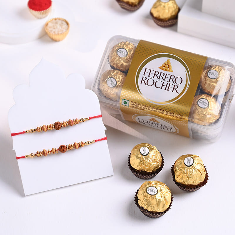 Two Rudraksha Rakhis N Ferrero Rocher Combo