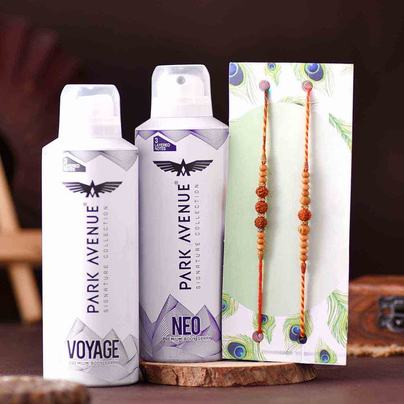 Two Rudraksha Rakhis with Two Perfumes