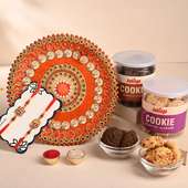 Two Sacred Rakhis With Designer Thali N Cookies