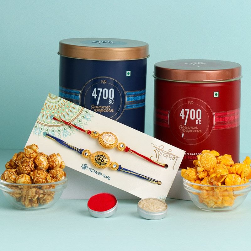 Two Traditional Rakhis N Gourmet Popcorn Combo