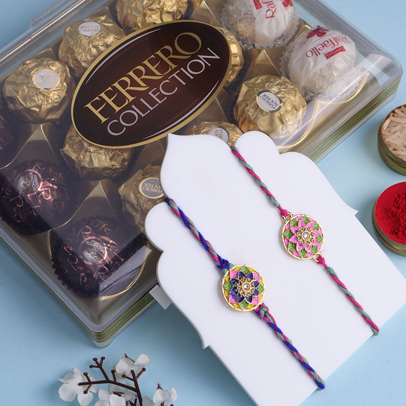 Two Vibrant Mandala Rakhis With Ferrero Rocher
