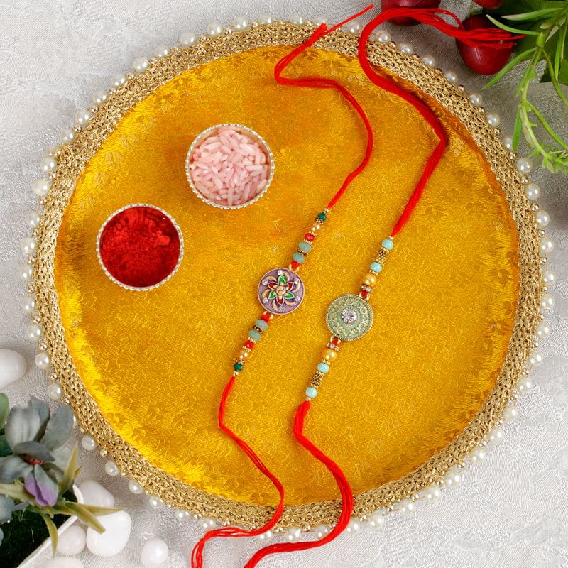 Two Vibrant Rakhis With Yellow Puja Thali Combo-UK