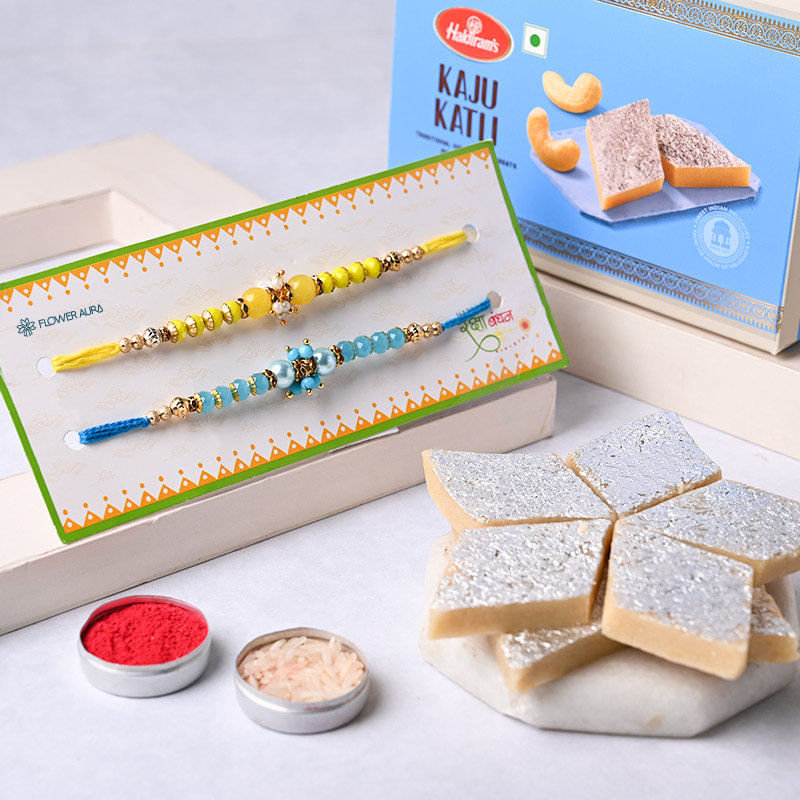 Two Yellow N Blue Rakhis With Haldirams Kaju Katli-UAE