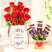 Anniversary Combo of Red Roses in a Box with Chocolate Bouquet in Vase
