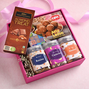 Assorted Gift Hampers contains Atta ladoos, Raisins, Cashews, Almonds and the sinfully chocolaty Cadbury Almonds Treat Choco Bar.