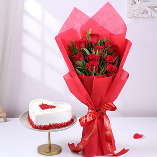 Valentine Red Velvet Heart Cake With Roses