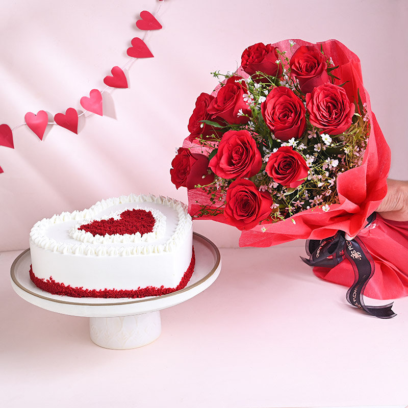 Valentine Red Velvet Heart Cake With Roses