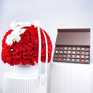 Valentines Luxe Blooms With Chocolate Box