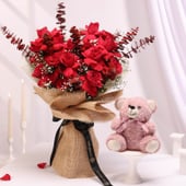 Velvet Desire Rose Bouquet N Teddy Combo
