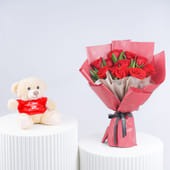 Velvet Rose Bouquet N Teddy Bear Combo