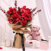 Velvet Roses Bouquet With Teddy N Candle