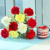 Red Velvet Jar Cake with Mixed Carnations Bunch