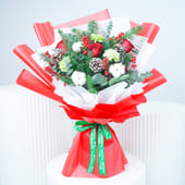 Vibrant Blooms N Winter Greens Xmas Bouquet