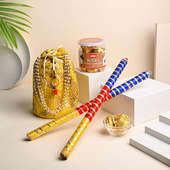 Vibrant Dandiya Sticks With Choco Almonds N Potli: Navratri Gifts