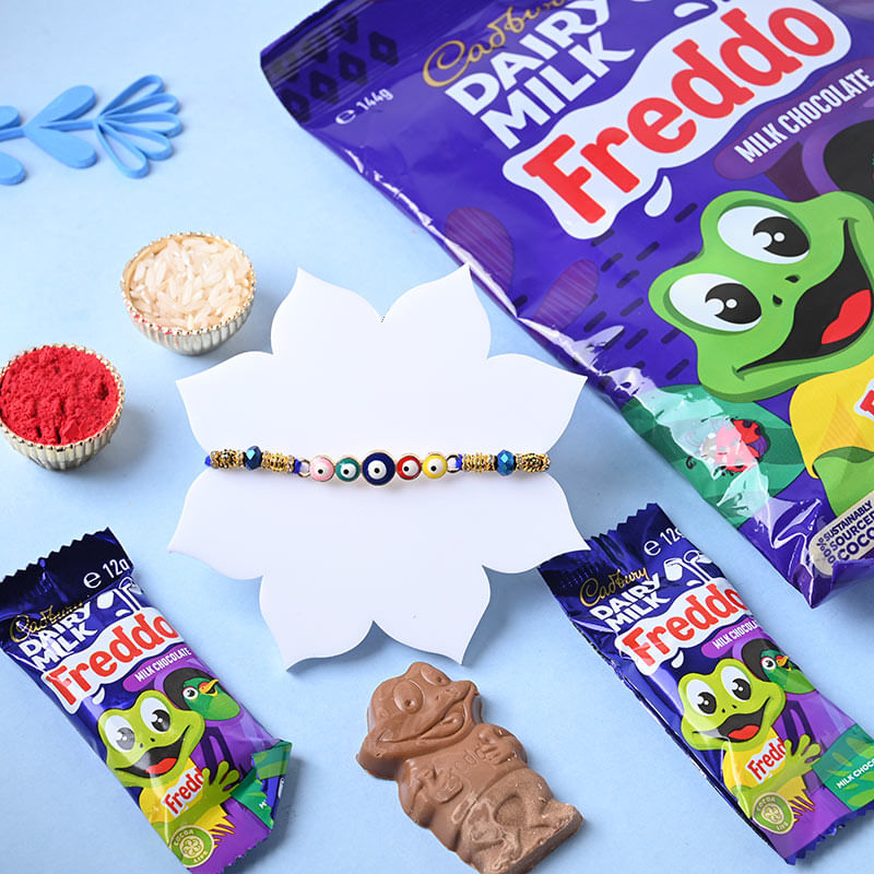 Vibrant Evil Eye Rakhi with Pack of 12 Cadbury Freddo Milk Chocolate