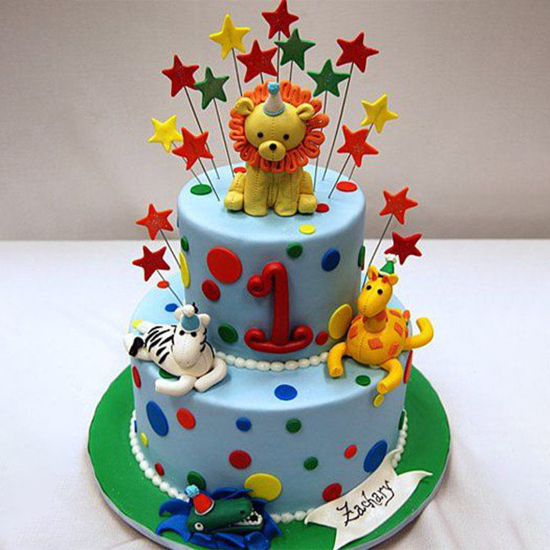 Vibrant Jungle Theme Fondant Kids Cake for 1st Birthday