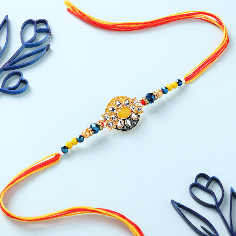 Yellow And Blue Beaded Kundan Rakhi