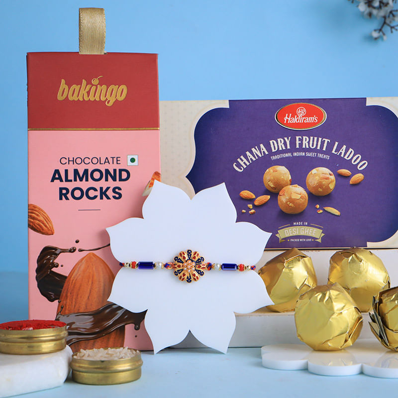 Vibrant Meenakari Rakhi With Ladoos N Almond Rocks