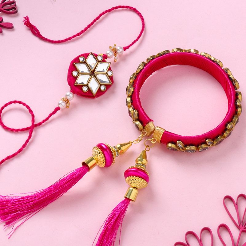 Vibrant Pink Bhaiya Bhabhi Rakhis With Mirrors