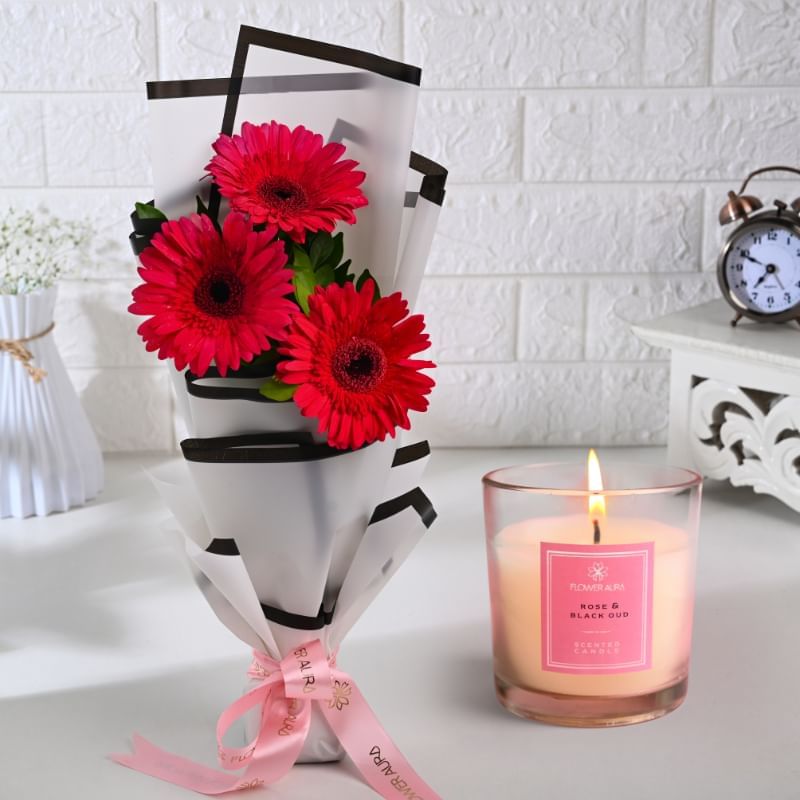 Vibrant Pink Gerberas N Scented Candle Combo