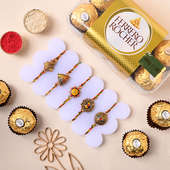 Set of Five Vibrant Designer Rakhi With Ferrero Rocher