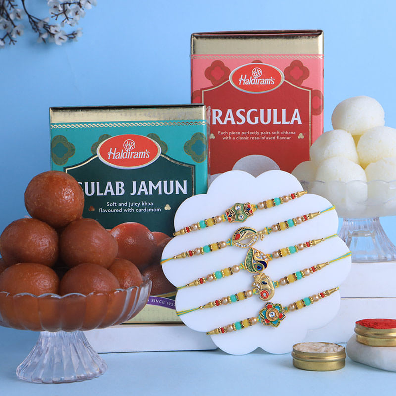 Vibrant Rakhi Set With Gulab Jamun And Rasgulla