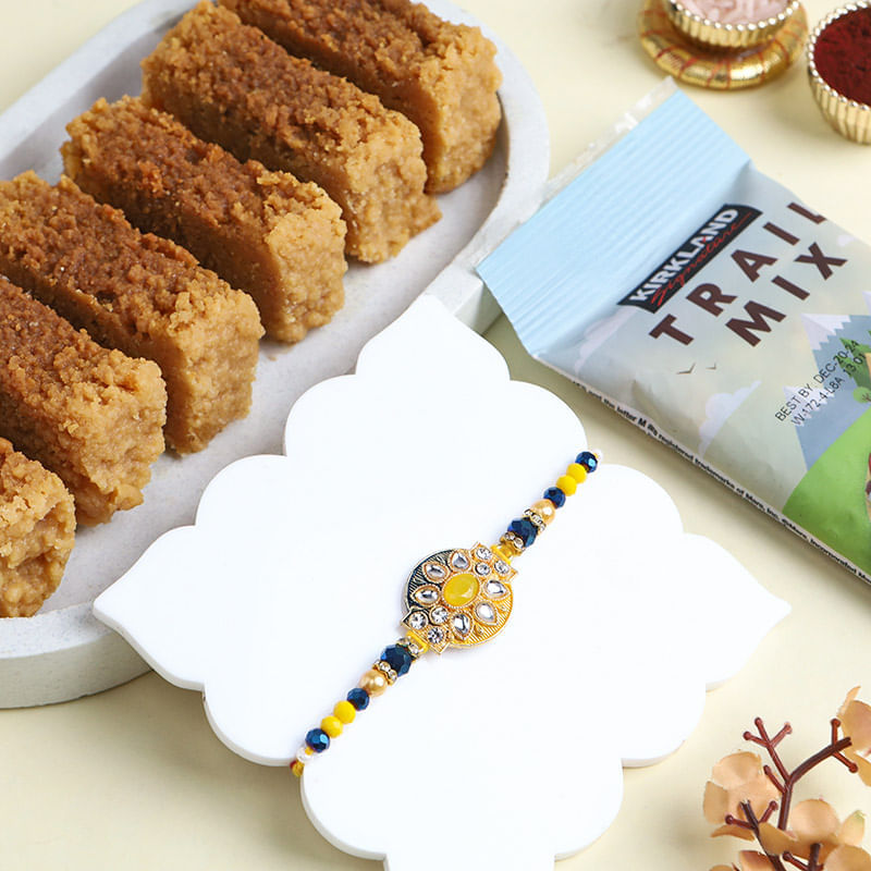 Vibrant Rakhi With Milk Cake N Trail Mix