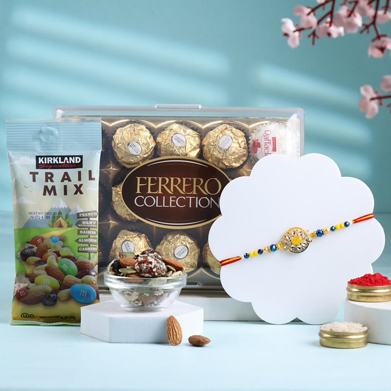 Vibrant Stone Rakhi With Chocolates N Trail Mix