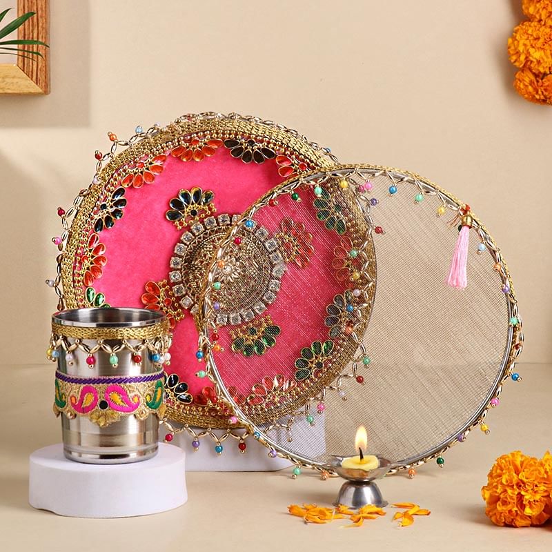 Vibrant Stonework Karwa Chauth Thali Set
