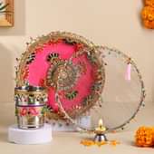 Vibrant Stonework Karwa Chauth Thali Set