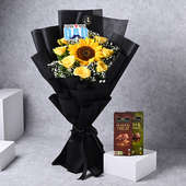 Vibrant Sunflower N Roses Bouquet With Chocolates