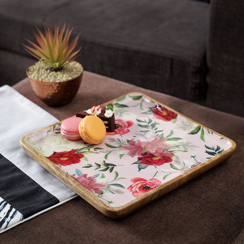Vintage Floral Square Platter Wood