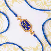 Close View of Serene Blue Swastik N Stone Rakhi