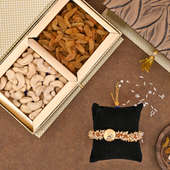 Bracelet Designer Rakhi Premium Box - Whie Beaded Rakhi & Cashews and Raisins Combo