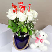 White Beauty Roses N Teddy: Best Flower and Chocolate combos