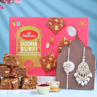White Bhaiya Bhabhi Pearl Rakhis With Dodha Burfi