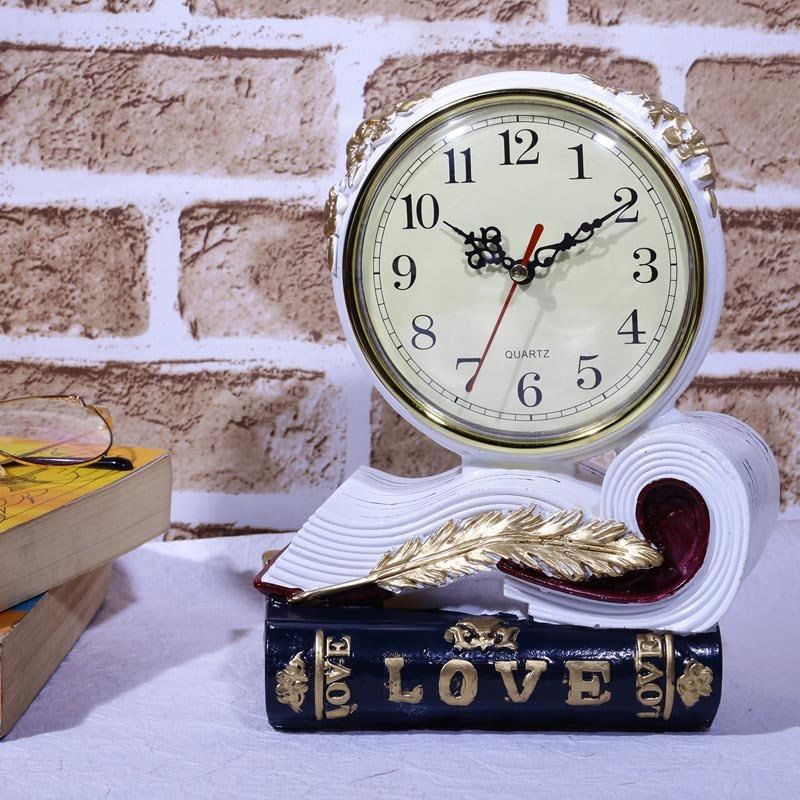 White Clock N Books Tabletop Decor