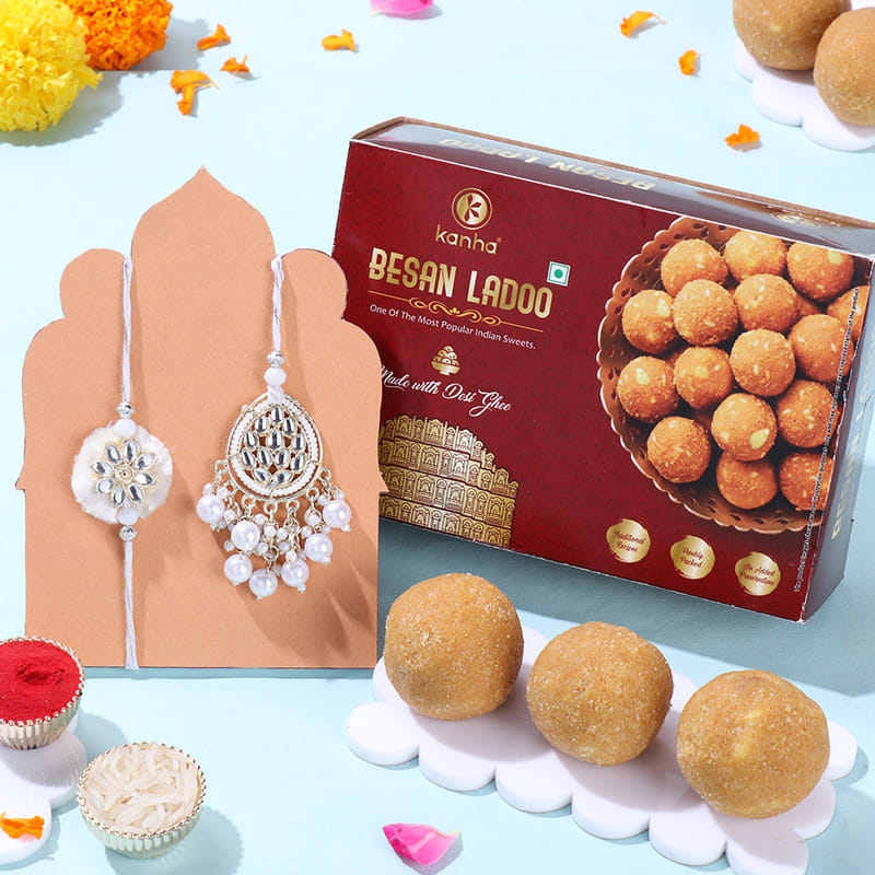 White Pearl Bhai Bhabhi Rakhis With Besan Ladoos