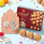 White Pearl Bhai Bhabhi Rakhis With Besan Ladoos