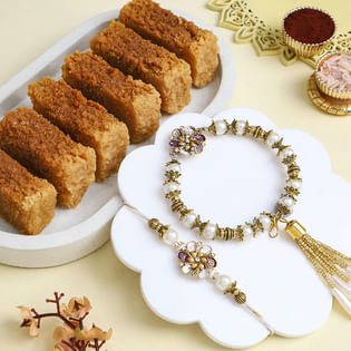White Pearl Bhai Bhabhi Rakhis With Sweets'